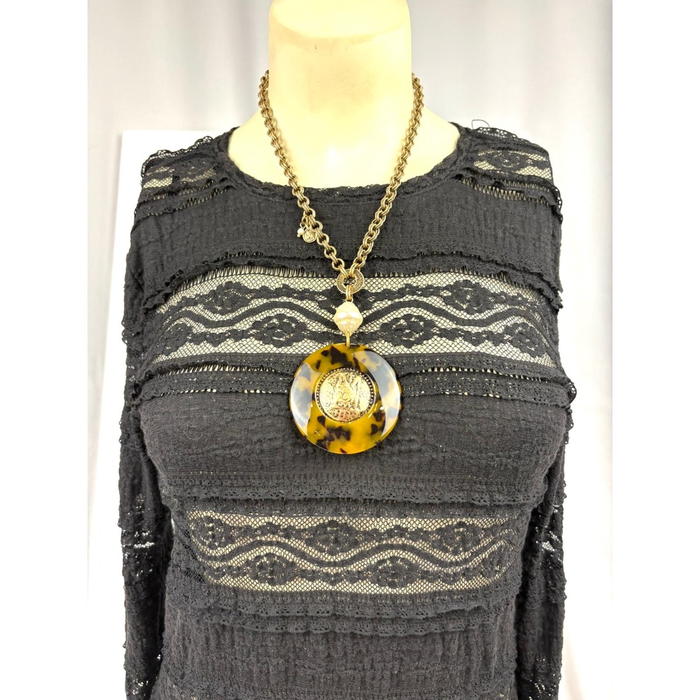Chico's Faux Tortoise Shell Pearl Medallion Statement Necklace Women OS Gold